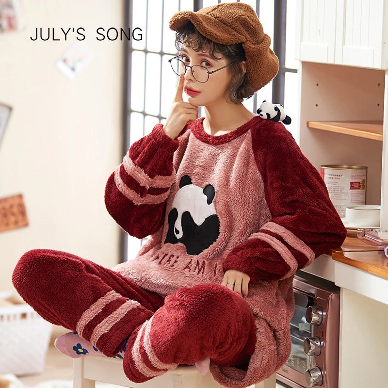 JULY'S SONG женский пижамный комплект зима коралловый бархат Теплый пижамный комплект с круглым вырезом фланелевая Домашняя одежда из двух предметов