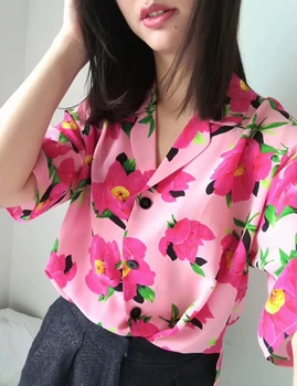 

Retro Notched 100% silk flower printed women shirt short sleeve blouse tops