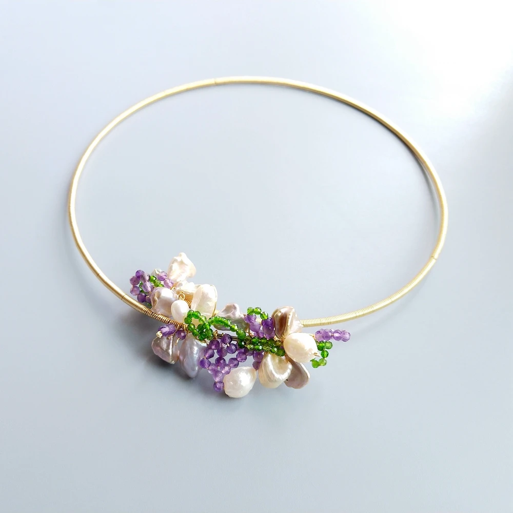 Lii Ji Genuine Amethyst Diopside Baroque Pearl Handmade Choker Open Necklace with Jewelry Box For Women | Украшения и аксессуары