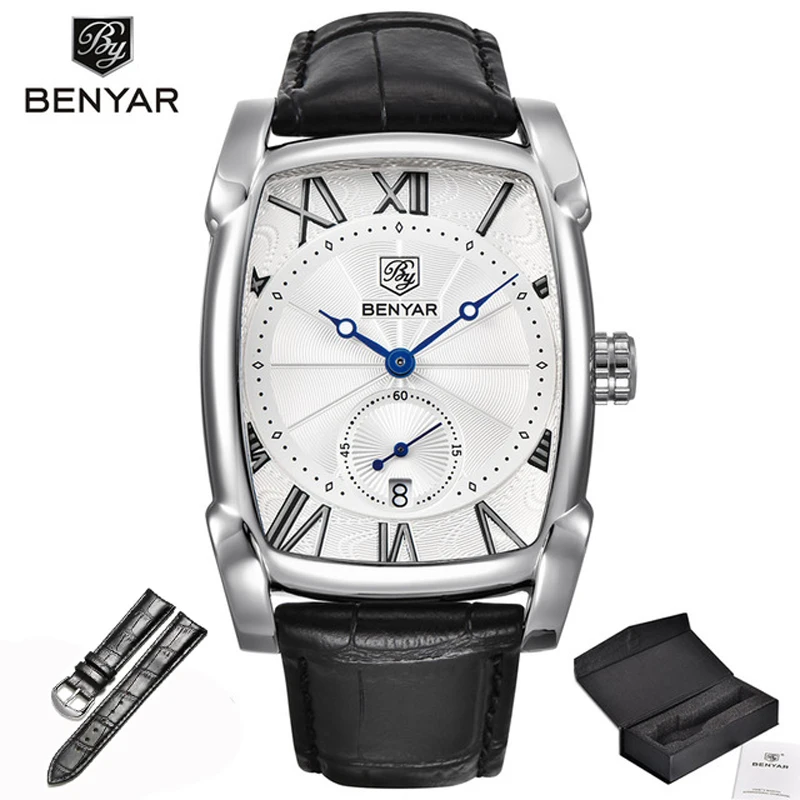 Sivler White Benyar, роскошная фирма, кварцевые мужские часы, фирменные мужские военные, кожа, мужские спортивные часы, час, дата, водонепроницаемые, мужские часы - Цвет: Sivler White