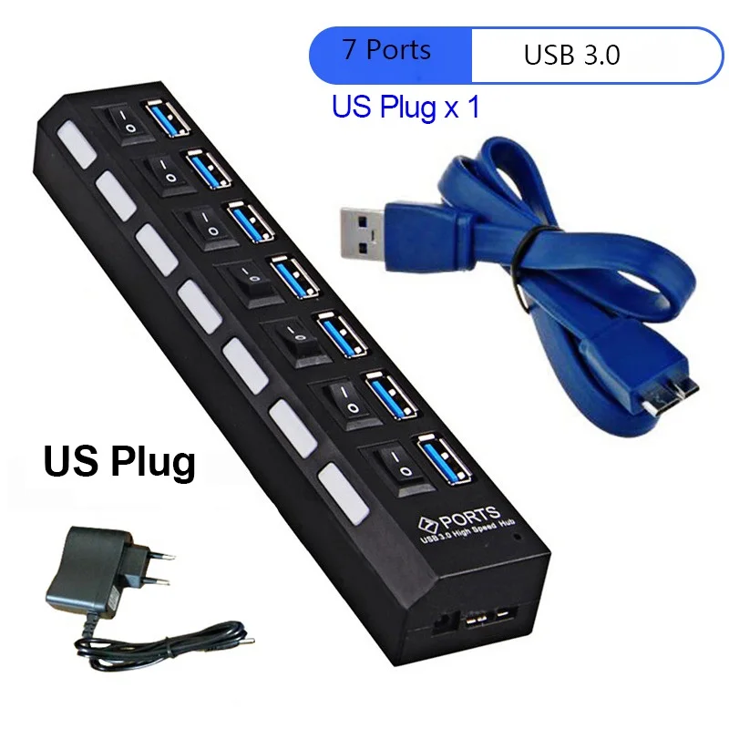 Usb-хаб USB 3,0 концентратор 4/7 порт Мульти USB разветвитель 3 хаб с адаптером питания USB-HUB 2,0 USB3.0 многопортовый 3,0 концентратор для портативных ПК - Цвет: USB3.0 7Port with US