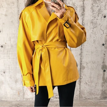 

2020 Autumn women Winter Faux Leather PU Jacket Plus Size Punk Women Motorcycle Turn-down Collar Leather Coats with belt PY118