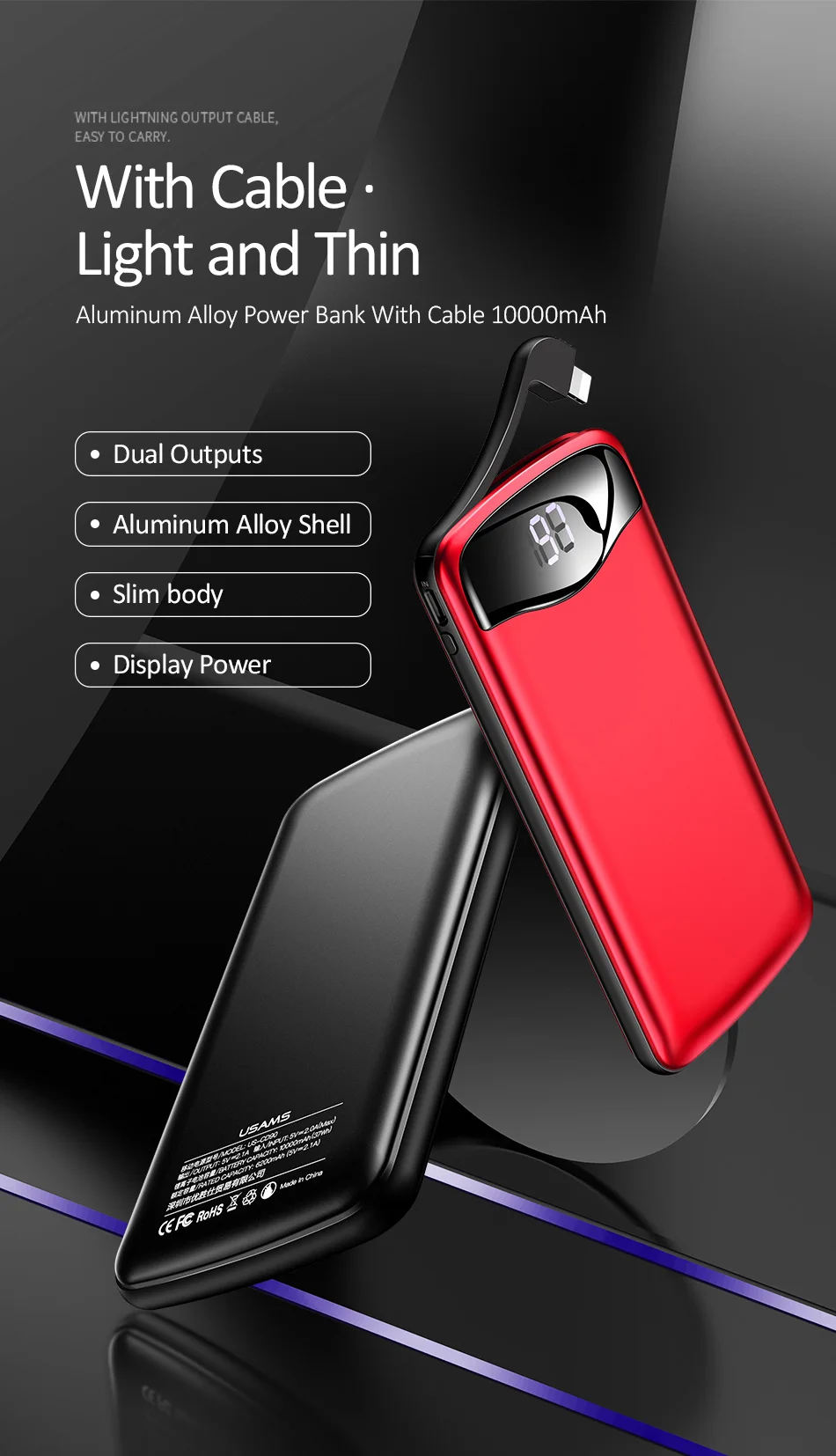USAMS power Bank 10000 мАч светодиодный дисплей Быстрая зарядка банк питания для usb-кабель для iPhone портативное зарядное устройство повербанк для iPhone samsung
