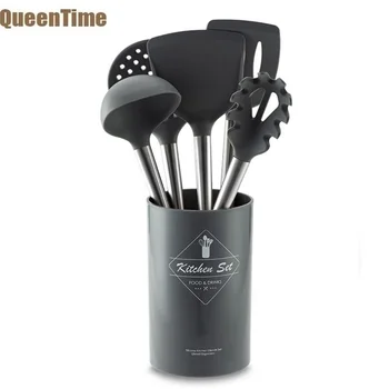 

QueenTime 6Pcs Silicone Cooking Tools Set Kitchen Utensils with Container Slotted Turner Spatula Pasta Scoop Soup Ladle Spoon