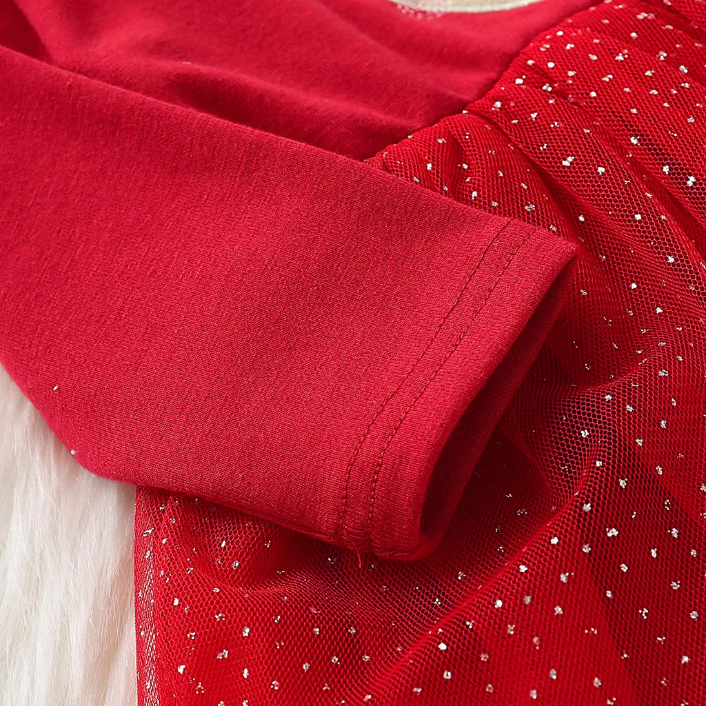 Рождественское платье для маленьких девочек; сезон осень-зима; фатиновое платье с длинными рукавами и принтом оленя; вечерние платья для девочек на День рождения; красное платье для малышей