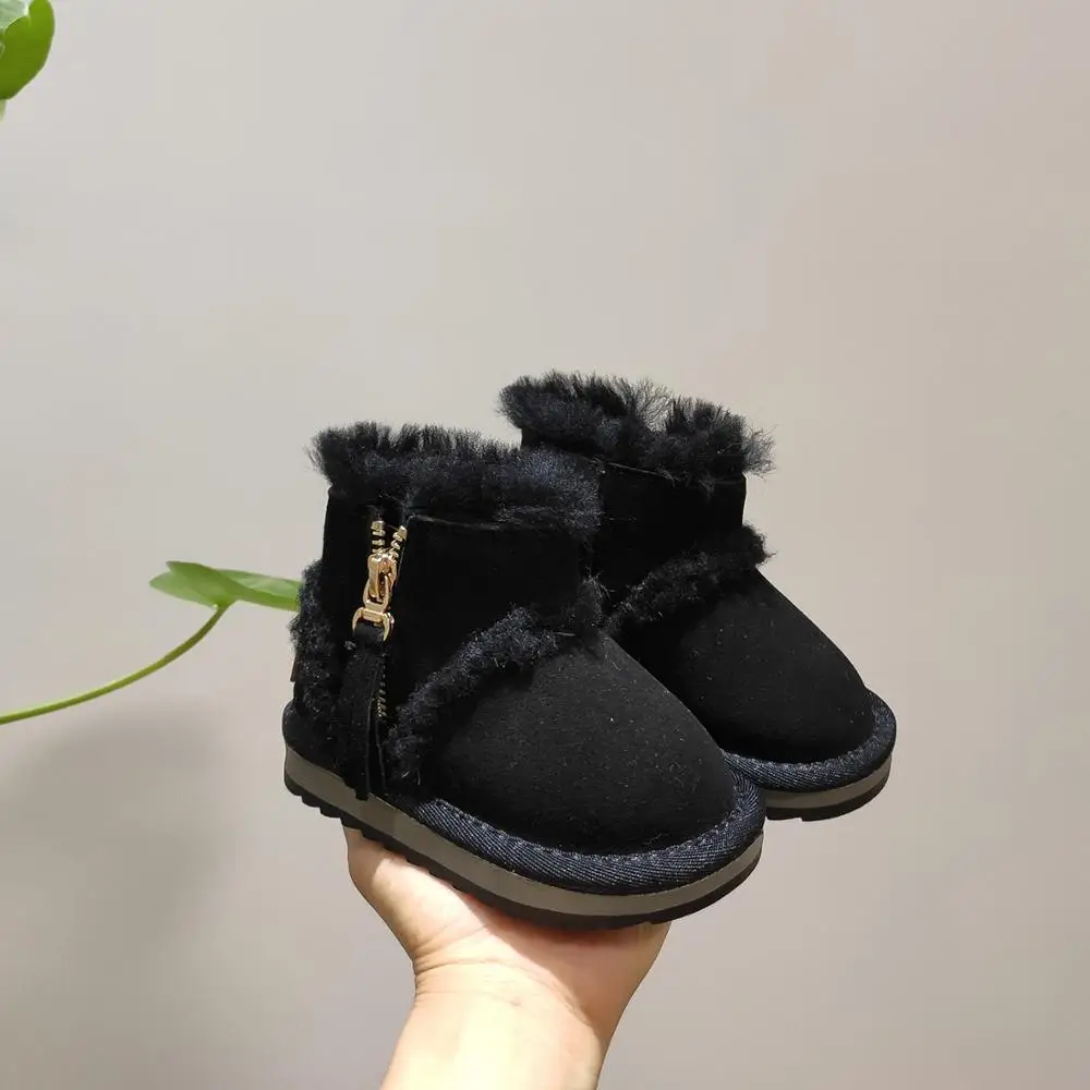 Г. Зимние теплые зимние ботинки из натуральной кожи для малышей Теплая стеганая хлопковая обувь с необработанными краями для девочек модные ботинки на молнии для мальчиков очень мягкие - Цвет: Черный