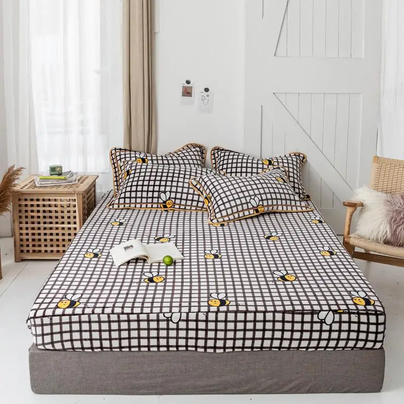 Fitted Bed sheet Flannel Fleece Warm Ultra Soft Lightweigh Fitted sheet 8Inches Deep Pocket Queen size Bed sheet set Bed cover - Color: Color 2