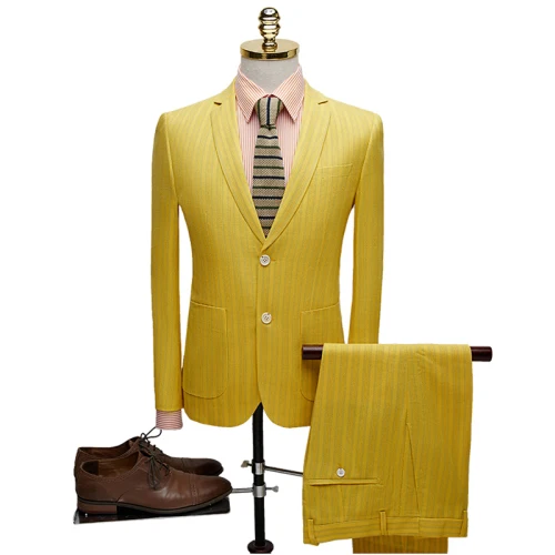 Yellow stripe Новинка, мужские костюмы, мужской желтый полосатый костюм из двух частей(Блейзер+ брюки), высококачественный индивидуальный Бизнес Тонкий мужской костюм - Цвет: Yellow stripe