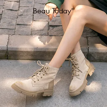 

BeauToday Desert Boots Women Cow Suede Leather Ankle Combat Boots Round Toe Cross-Tied Autumn Winter Lady Shoe Handmade 03431