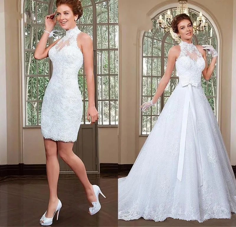 Fabulous Appliqued Tulle High Collar Neckline Wedding Dresses Beaded Lace 2 In 1 A-Line Bride Dress Vestido De Noiva