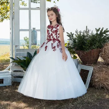 

Amaya Puffy Flower Girl Dresses for Wedding Lace Appliques O Neck Kids Prom Christmas Dress Sleeveless Vestidos Para Niñas