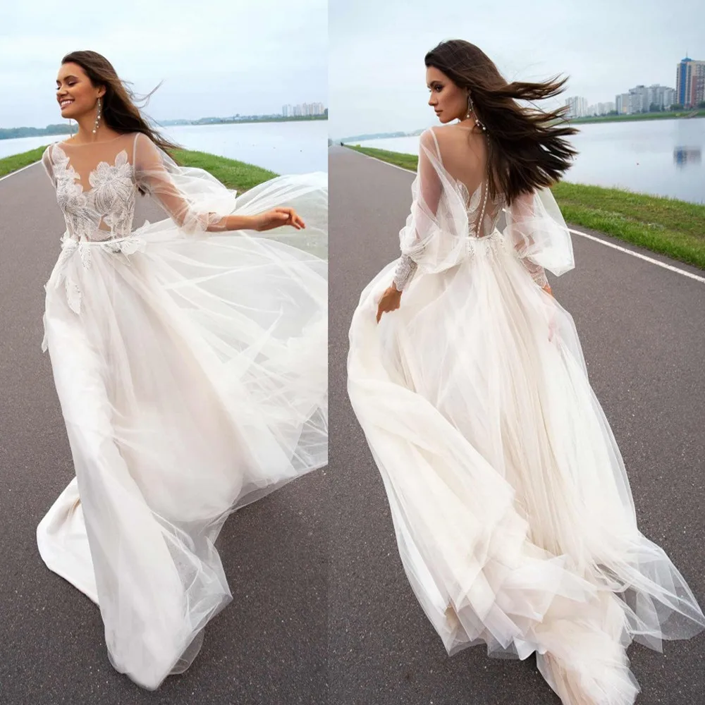 

Свадебное платье-трапеция с длинными рукавами, кружевными аппликациями, со шлейфом, на пуговицах сзади, индивидуальный заказ, 2020