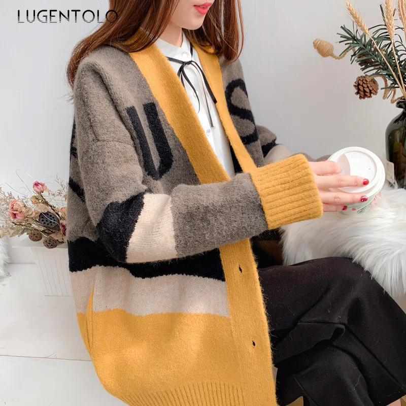 Lugentolo, женский свитер,, иностранный газ, зимний, свободный, с надписью, сетка, Красный, модный, вязанный кардиган, однобортный, свитер, Женская куртка