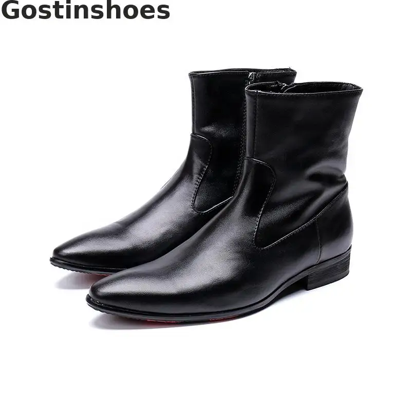 

Winter Boots Men Black Genuine Leather Cowhide Dress Ankle Short Boots Side Zip Pointed Toe Work Boots Low Heel Mortorcycle Boot