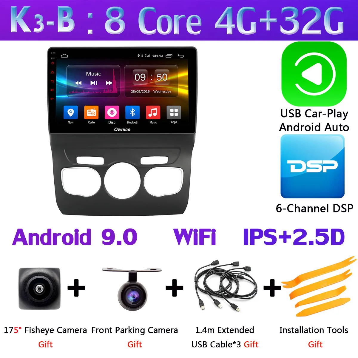 360 ° панорамная камера Автомобильный мультимедийный плеер 4G LTE Android 9,0 8Core 4+ 64G CarPlay DSP gps радио для Citroen C4 C4L DS4 2010 - Цвет: K3-B-CarPlay