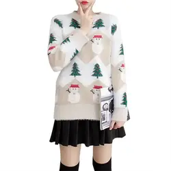 Осень-зима 2019, новый свитер с имитацией бархата, с принтом снеговика, круглый вырез, свободный женский свитер