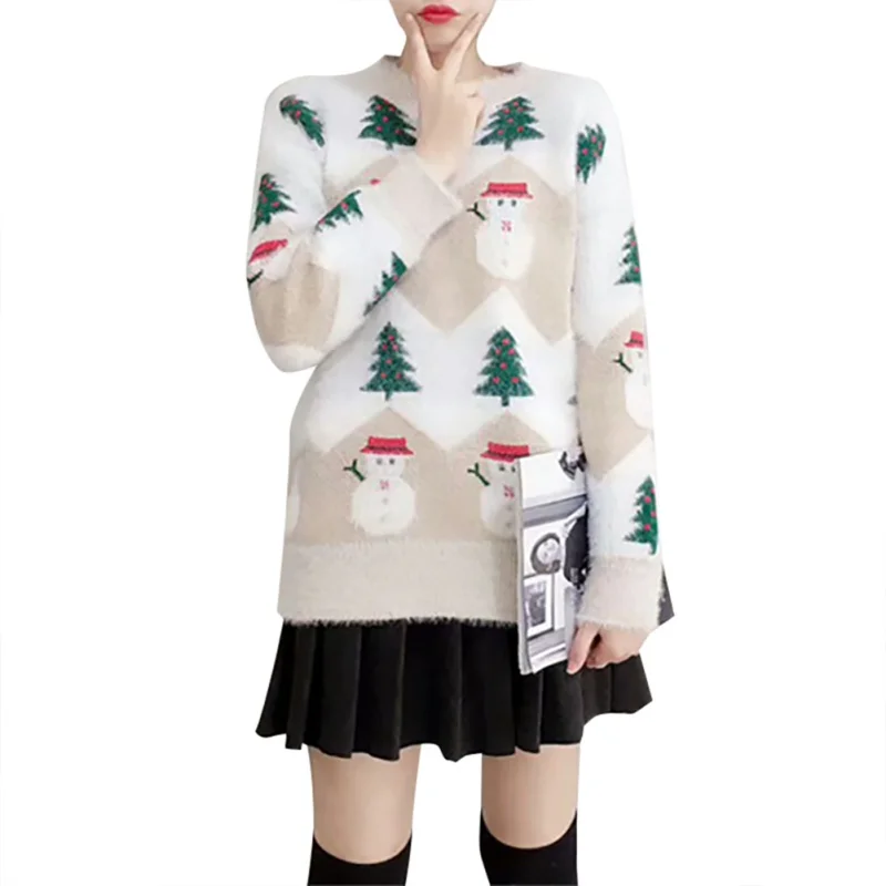 

2019 Autumn And Winter New Imitation Velvet Printed Christmas Snowman Sweater Round Neck Loose Women's Sweater