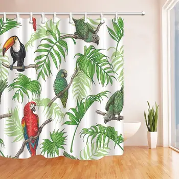 

Birds Decor Parrot and Toucan in Tropical Palm Leaves Shower Curtains for Bathroom Polyester Fabric Waterproof Bath Curtain