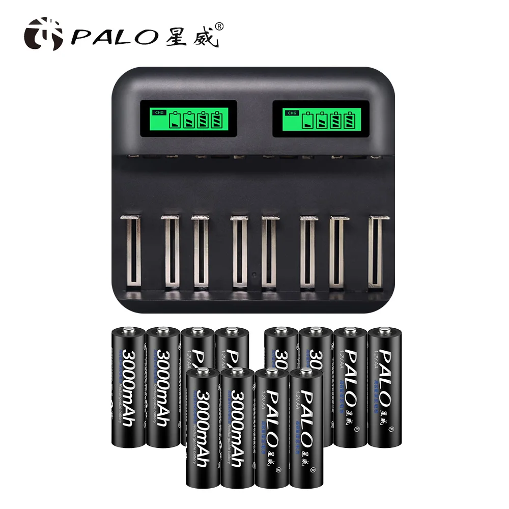 PALO, ЖК-дисплей, умное зарядное устройство USB для аккумуляторов AA, AAA, C, D размера, аккумуляторная батарея+ 1,2 в Ni-MH, AA, AAA, аккумуляторы - Цвет: 12pcs AA and charger