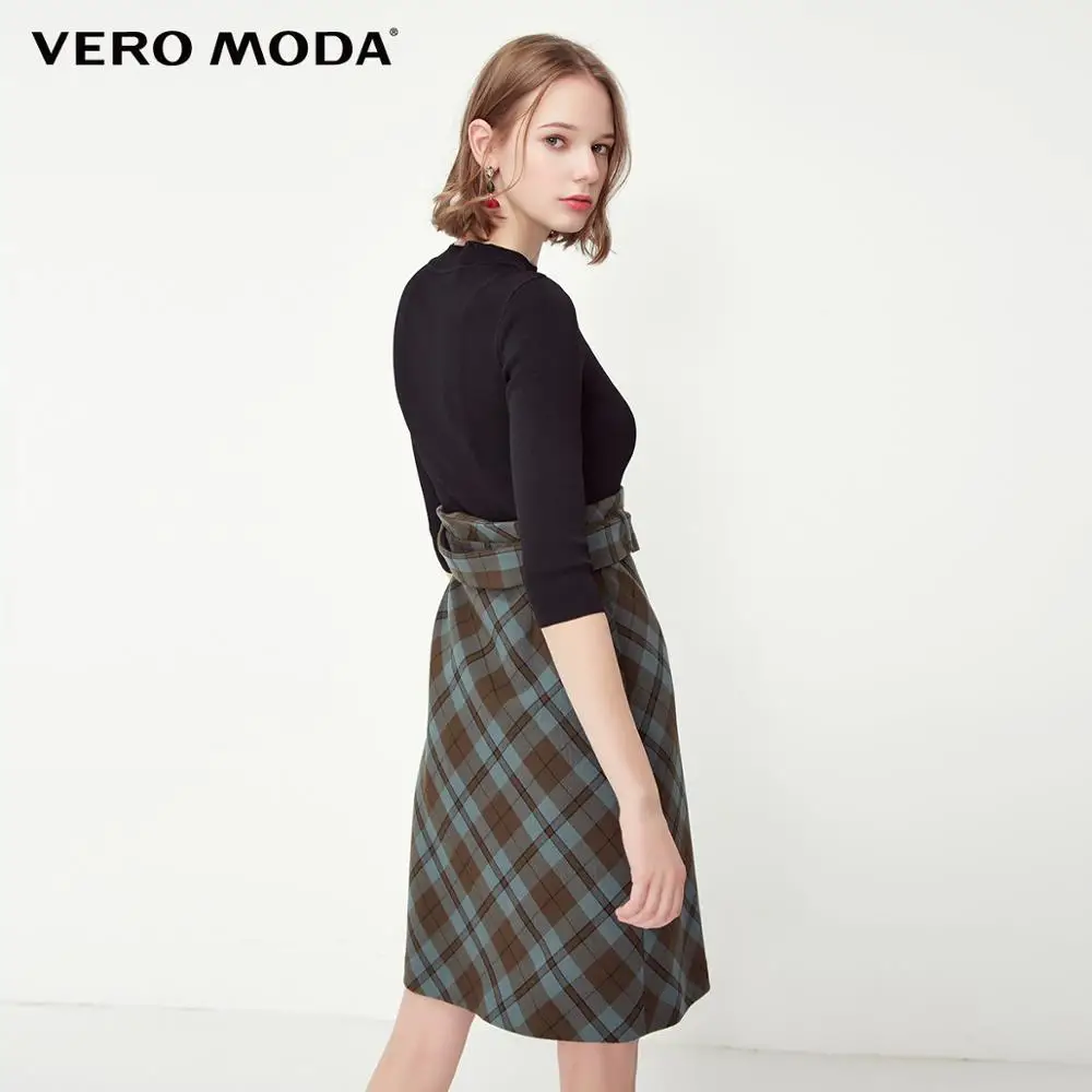 Vero Moda женское OL Стиль Плед Круглый вырез 3/4 рукава вязаное платье | 31917C536
