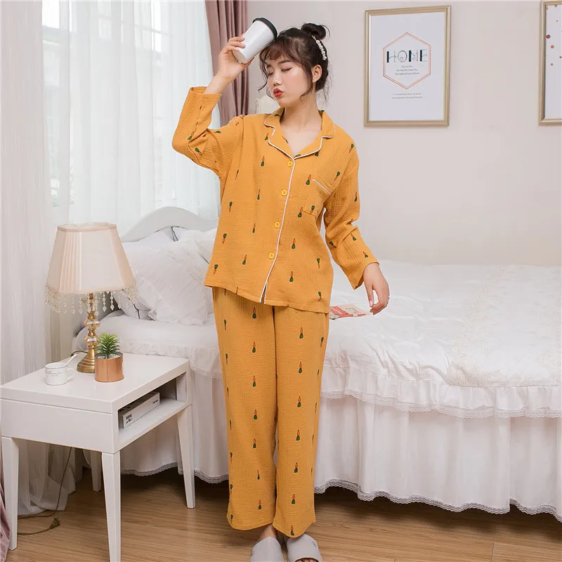 Full Printed Carrot Picture Cotton Cardigan V-neck Pajamas Set for Ladies Autumn and Winter Cute Sweet Home Clothes Women Pijama