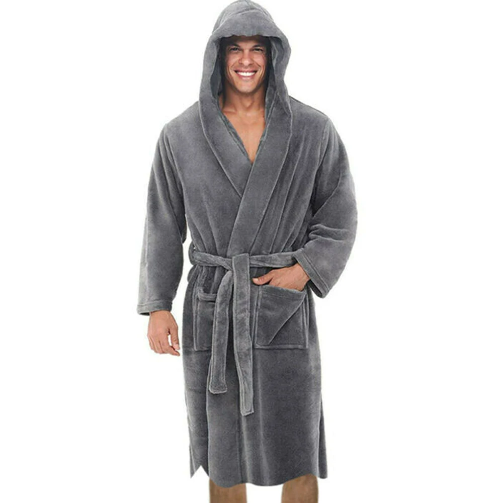 Winter Pocket Robes Mens Solid Hooded Bathrobe with Belt  Luxury Robe Sleepwear for Men Clothing Robes mens cotton pjs