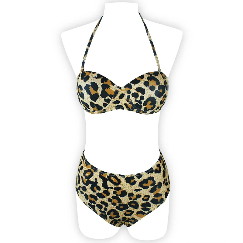

Leopard Printed Bikini Set For Women's 2021 Sexy Slim Push Up Padded Halter Backless Bra Vest Briefs Swimsuit Swimwear Beach