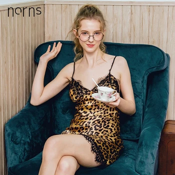 

Norns Pajamas Silk Lady Spring Summer Nightdress Leopard Sexy Sling Nightdress With Chest Pad Home Service