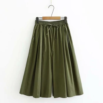

Plus Size XL-5XL Women Black Green Cotton Cropped Pants Solid Wide Leg Simple Elegant Vintage Trousers