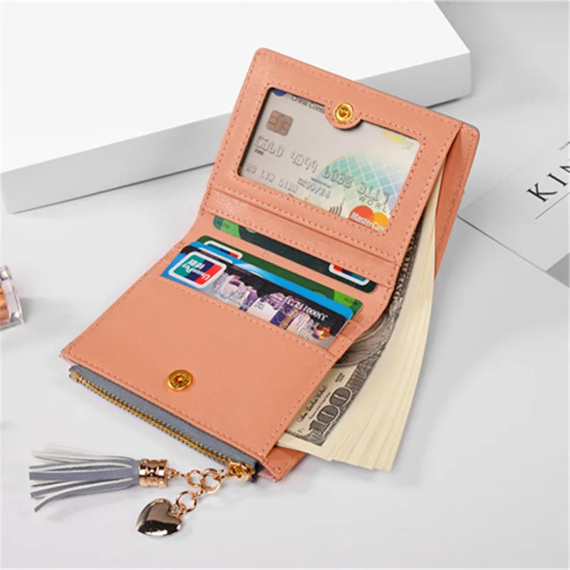 

Ladies short wallet, fashion simple stitching contrast short wallet, tassel zipper multi-card coin purse handbag