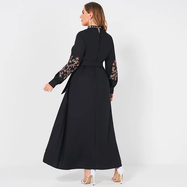 Ladies Fashion Resort Small Stand Collar Floral Embroidery Long Sleeve Loose Belt Sweet Elegant Woman Black Party Maxi Dress 2