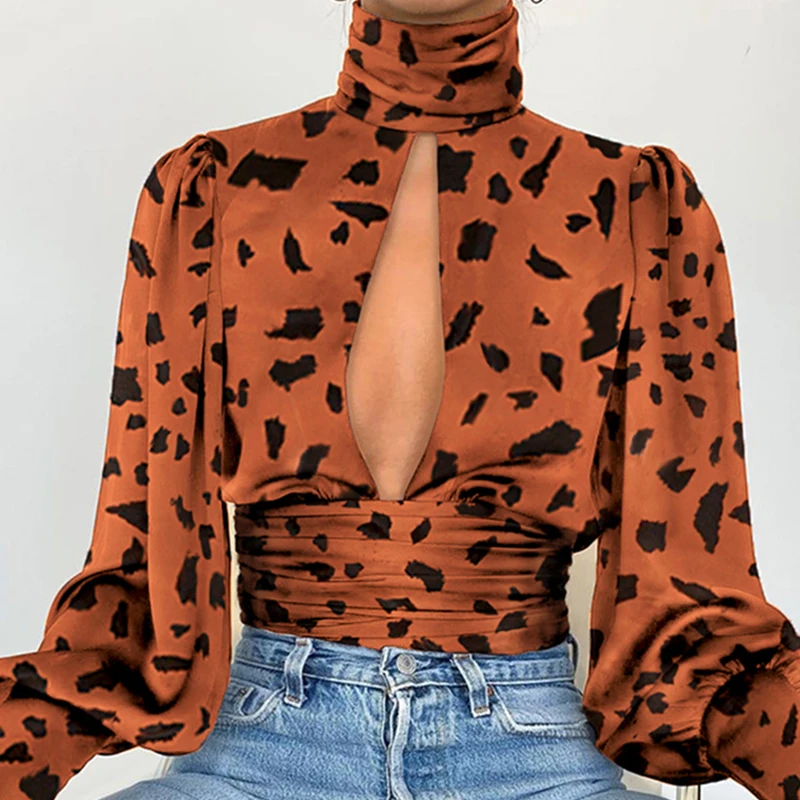 Leopard Print Orange Женская сексуальная открытая блузка с открытой спиной, Офисная Женская Осенняя водолазка, атласная шелковая блуза, элегантная Новая блузка с галстуком-бабочкой, топы, Прямая поставка - Цвет: Leopard Print Orange