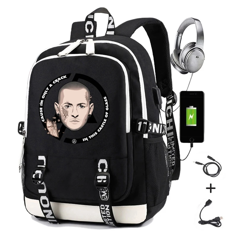 Black 03 Linkin Park Backpack for Teenagers Boys Girls Student School Bookbag Men Usb Charging Casual Laptop Backpack Harajuku Travel Bag - Color: Black 03