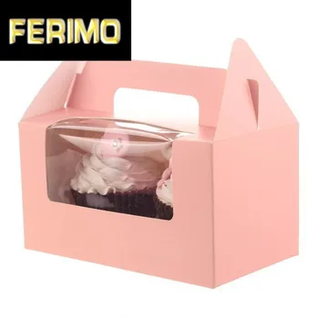 

12Pcs/Lot Two Case White Pink Blue Kraft Paper Cupcake Box Cake Box With Clean PVC Window Wedding Party Favor Box Cake Packaging