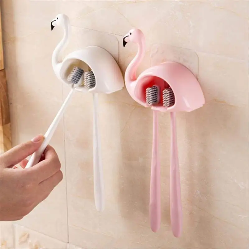 Flamingo Shape Toothbrush Holder Organizer Stand Wall Mounted Plastic Bathroom Shelf Trace-Free Storage Rack