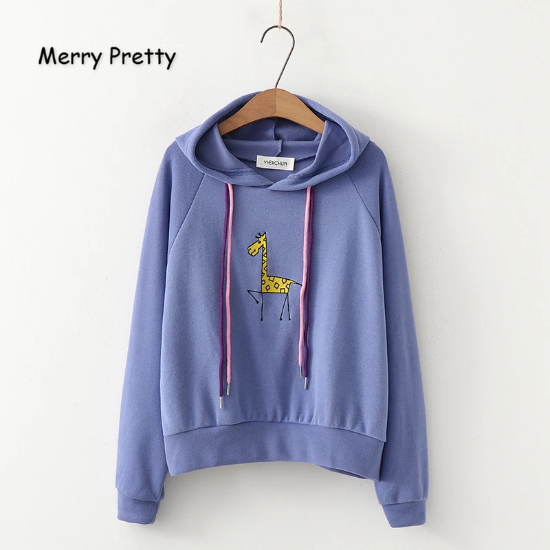 Merry Pretty, женские толстовки с капюшоном с мультяшной вышивкой,, зимние спортивные костюмы с длинным рукавом и завязками, толстовки, Повседневный пуловер
