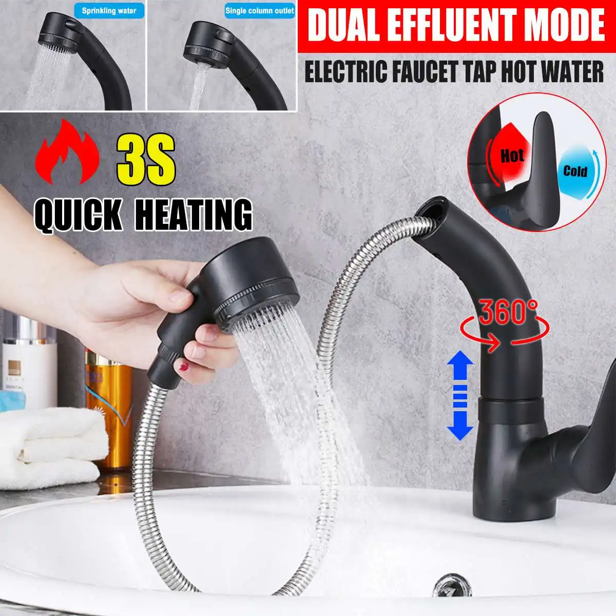 3S-grifos mezcladores de cocina de calefacción rápida, negro, caliente y frío, extraíbles, 360 caño giratorio, pulverizador, fregadero, grifo de latón para fregadero, extraíble