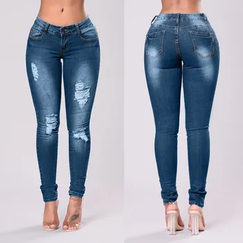 

NEW Fashion Jeans Women Casual Sexy Mid Waisted Skinny Hole Denim джинсы Button Fly Stretch Slim Pencil Pants Calf Length Jeans