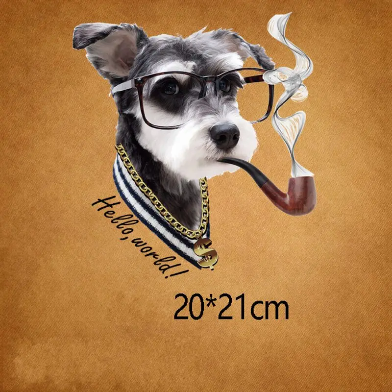 

21x20cm Pipe Glasses Dog Iron On Patches DIY Accessory Heat Transfer Washable Thermal Stickers For Clothes Hoodies Jeans