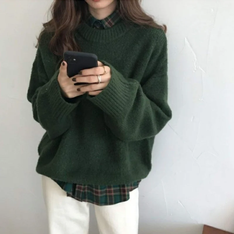 

Fashion dark green round neck pullovers with long sleeves for warm winter pullovers