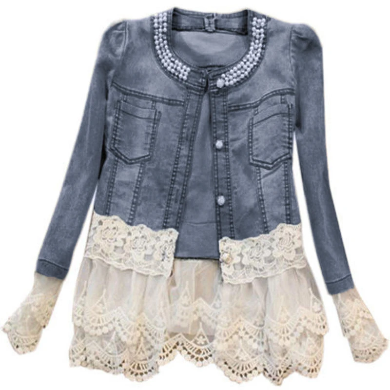 Najtaniej Kobiety Lady niebieski Denim kurtka koronki łączenie z długim rękawem znosić Jean jesień moda płaszcze topy