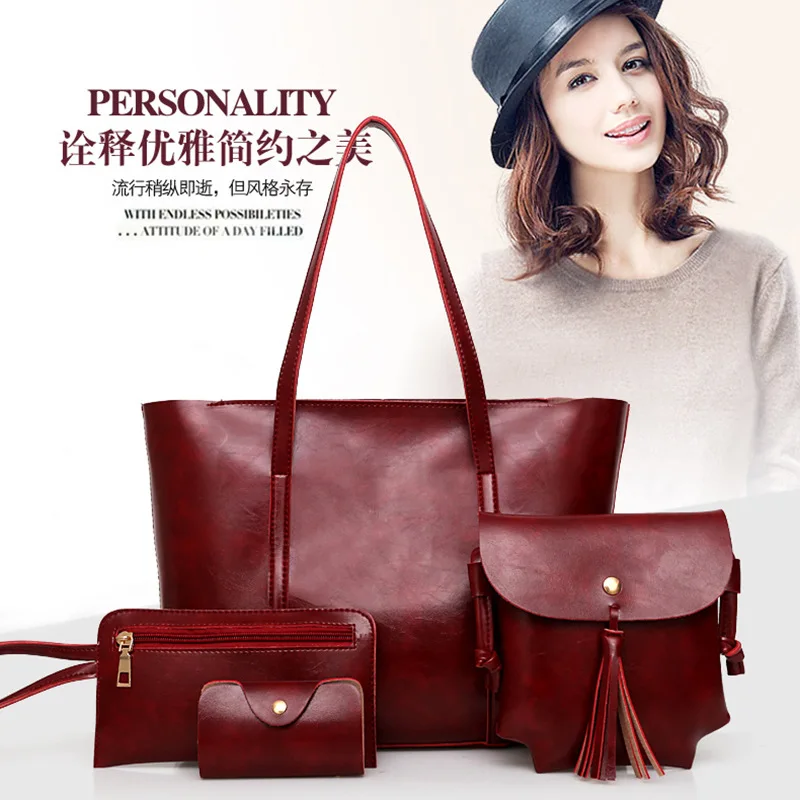 

2019 WOMEN'S Bag Spring New Style Europe And America Oil Wax Leather Large Bag Shoulder Cross-body Handbag Picture Four-piece Se