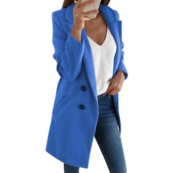 

Winter Women Button Decoration Long Coat Office Lady Mandarin Collar Slim Coat Solid Cotton Wool Cardigan L