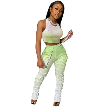 

Women's Gradient Color Suit Summer Exposed Navel Vest Elastic Waist Tie Hip Stacked Pants Suit Large Size Sports Women's Clothes