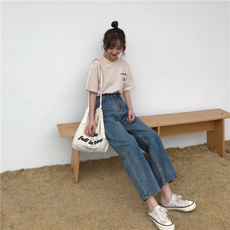 Photo Shoot Spring And Summer Korean-style Hong Kong Flavor Retro BF Style Casual High-waisted Students Loose Straight Wide-Leg