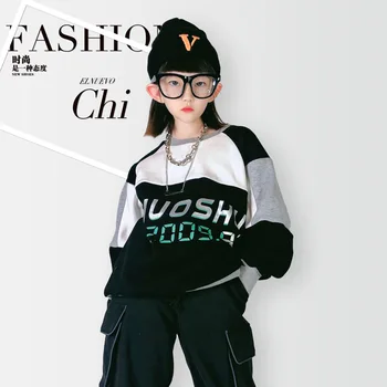 

Color-blocking girls' cotton and velvet sweater, one-piece velvet middle and big kids 2020 autumn and winter new style,