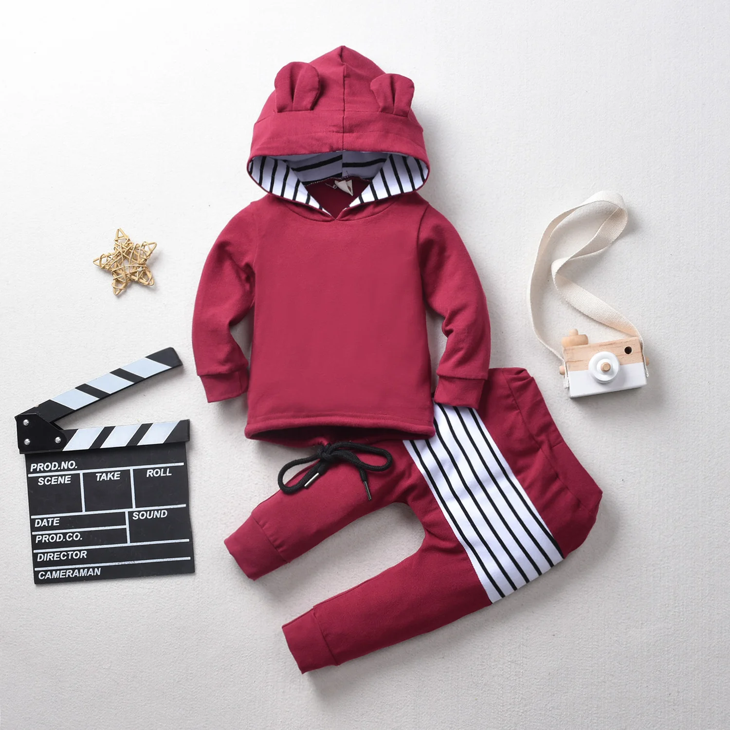 Wine Red Комплект из 2 предметов, новинка, модный осенний Дети для маленьких девочек и мальчиков с капюшоном топы штаны в полоску спортивный костюм, комплект одежды, одежда для детей 6 мес.-5 лет - Цвет: Wine Red