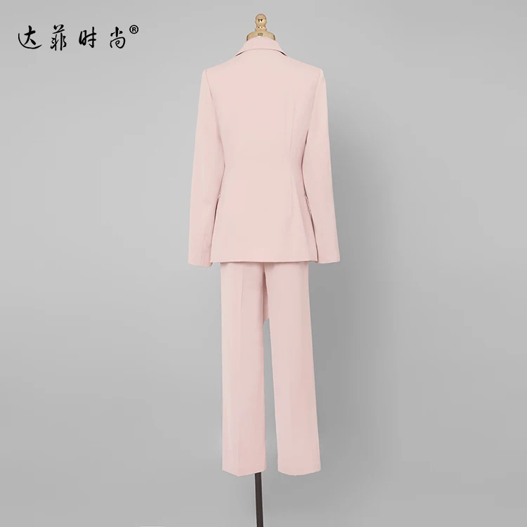 Women Elegant Suit Long Sleeve Turn Down Collar Blazer+Nine Pants Pink Set Office Lady Autumn New Fashion High Quality