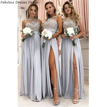 

Sexy Split Applique Lace Bridesmaid Dresses Long 2020 Formal A Line Long Wedding Guest Gowns Flowing Chiffon Vestido De Festa