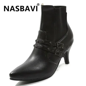 

NASBAVI PU Fashion Europe and America trend Ankle Boots Pointed high heel Fine heel Solid color Metal belt buckle Woman Boots